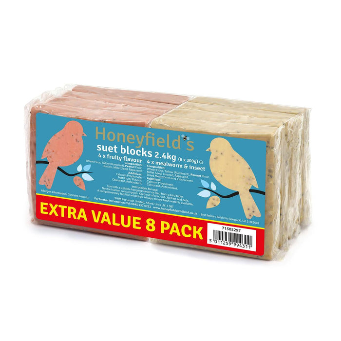 Honeyfields Suet -Blöcke Blocks Mahlzeitwürmer & Insekt und fruchtiger Geschmack 8 pro Packung