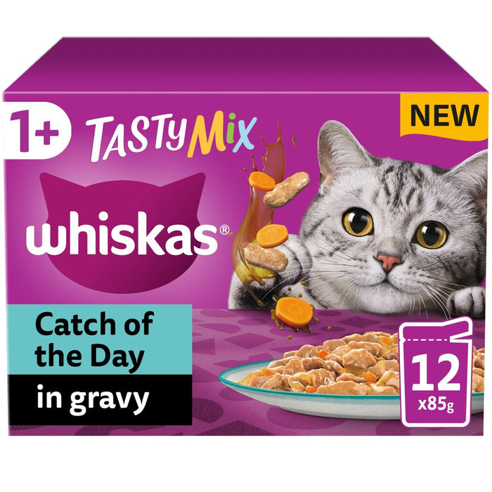 Whiskas 1+ adultes mouches de chats humides pochettes savoureuses mélange de la sélection des poissons dans la sauce 12 x 85g